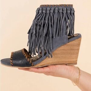 Naughty Monkey Blue and Tan Fringe Wedges